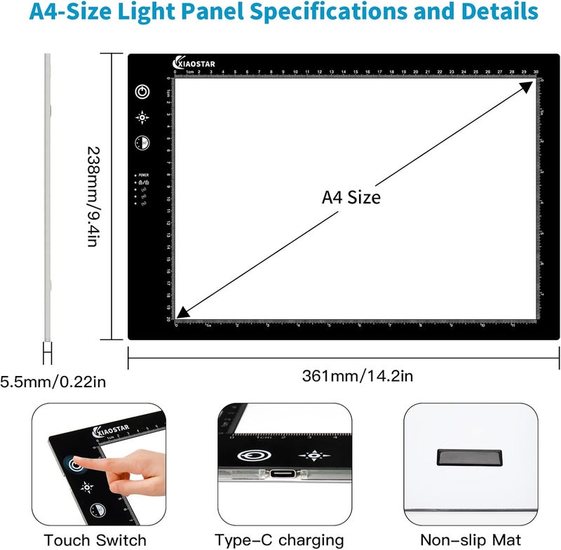 XIAOSTAR Light Box Drawing Pad, Tracing Board with Type-C Charge Cable and Brightness Adjustable for Artists, AnimationDrawing, Sketching, Animation, X-ray Viewing (A4-P-STK-Black) - Image 3