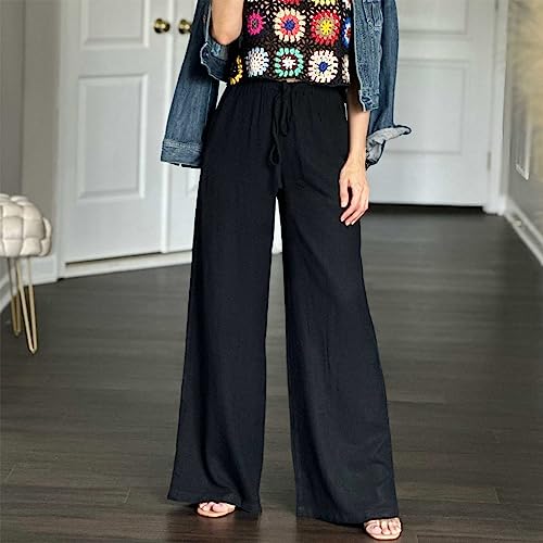 Duyang Womens Cotton Linen Palazzo Pants Drawstring Elastic Waist Casual Wide Leg Trousers with Pockets(Black,XL) - Image 2