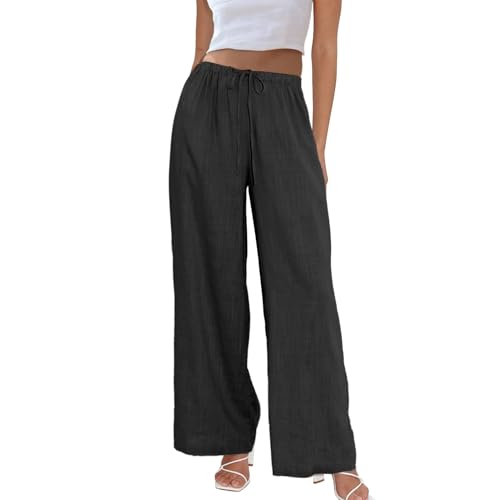 Duyang Womens Cotton Linen Palazzo Pants Drawstring Elastic Waist Casual Wide Leg Trousers with Pockets(Black,XL) - Image 1
