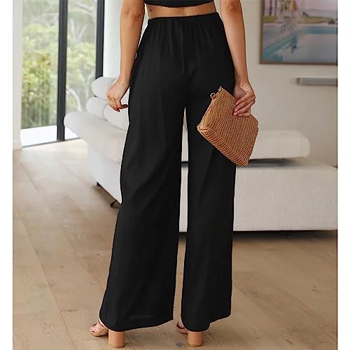 Duyang Womens Cotton Linen Palazzo Pants Drawstring Elastic Waist Casual Wide Leg Trousers with Pockets(Black,XL) - Image 4