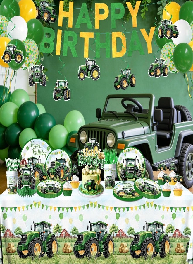 Peghoqu Tractor Birthday Decorations Tractor Party Tableware Set Disposable Paper Plates,Napkins,Tablecloth,Cups,Cake Topper,Banner for Green Farm Tractor themed Birthday Party Supplies,Serve 24 - Image 2