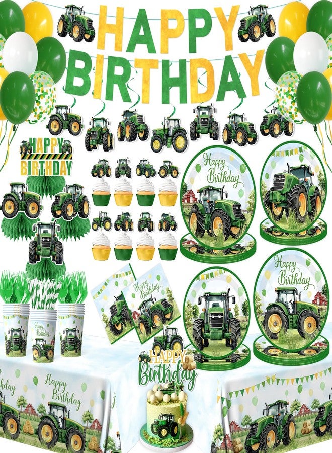 Peghoqu Tractor Birthday Decorations Tractor Party Tableware Set Disposable Paper Plates,Napkins,Tablecloth,Cups,Cake Topper,Banner for Green Farm Tractor themed Birthday Party Supplies,Serve 24 - Image 1