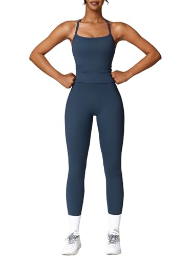 ABOCIW Workout Sets for Women 2 Piece Yoga Outfits Padded Sports Bra Cross Back Tank Top High Waist Leggings Gym Sets Work Out Clothes Navy Small - Image 1