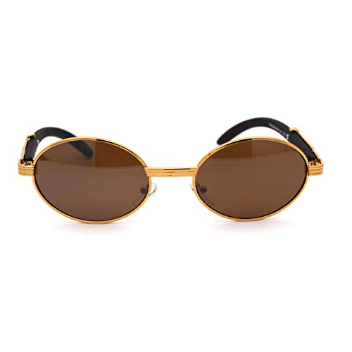 SA106 Retro Art Nouveau Vintage Style Small Oval Metal Frame Sunglasses Yellow Gold Solid Brown - Image 2
