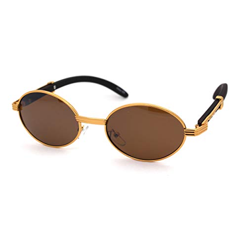 SA106 Retro Art Nouveau Vintage Style Small Oval Metal Frame Sunglasses Yellow Gold Solid Brown - Image 1