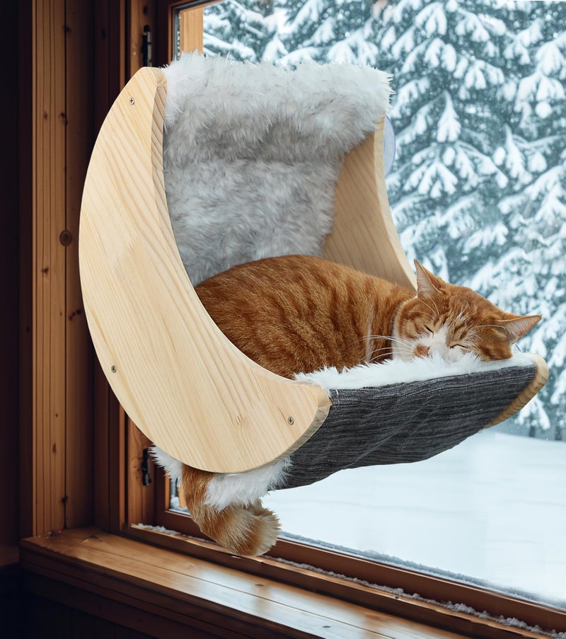 HAPYKITYS Window Cat Beds with Ultra Plush Hammock, Moon Shelves Mounted with Strong Suction Cups, Cat Window Seat for Overlooking and Sunbathing(Faux Wool Fur) - Image 1