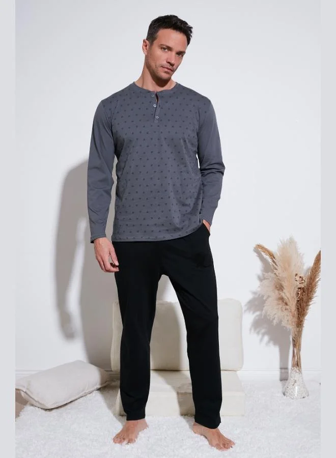 بوراتي طقم بيجامة رجالي قطن بخصر مطاطي بقصة منتظمة وأكمام طويلة