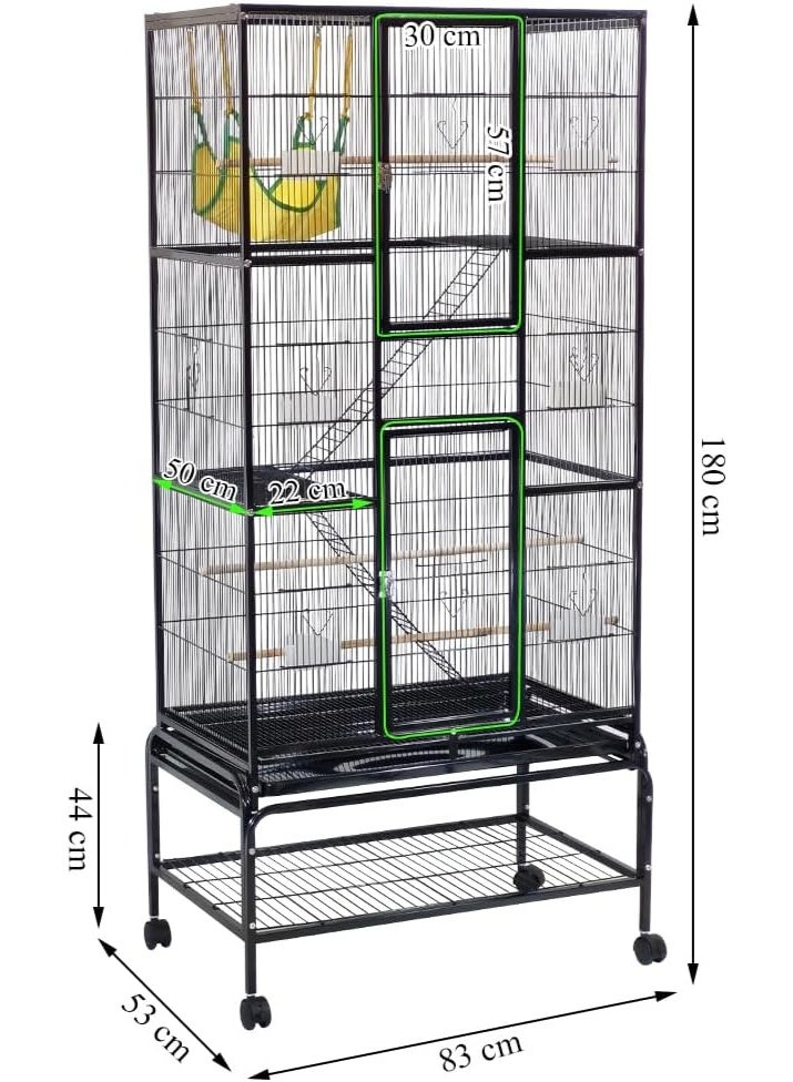 NNC PETS Rolling stand bird cage with Storage shelf, Cozy hammock, & Multi-functional activity bird cage, Indoor & Outdoor bird cage, Parrot bird cage for Love birds, Small to medium size birds 180 cm (Black) - Image 2