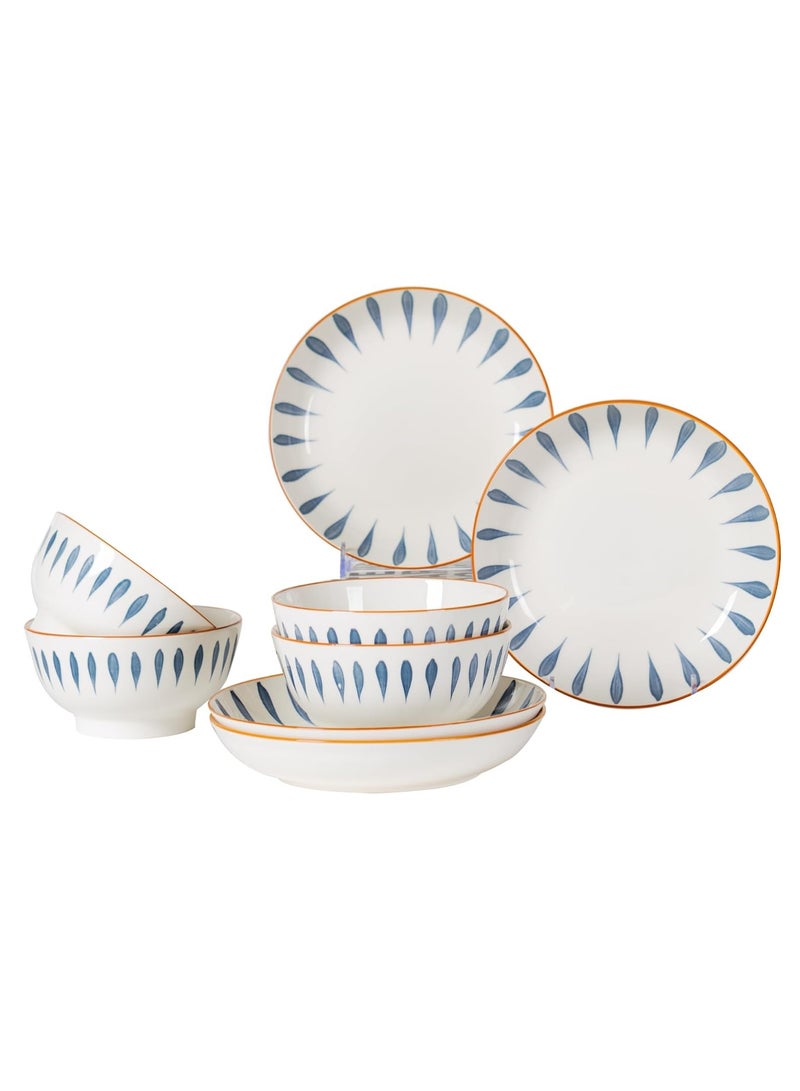 GOLD MANTIS طقم أدوات مائدة سيراميك أزرق وأبيض مكون من 8 قطع - يتضمن 4 أطباق بحجم 8.1 بوصة، 4 سلطانيات بحجم 5.7 بوصة | آمن للاستخدام في الميكروويف وغسالة الصحون | أدوات مائدة عصرية لتناول الطعام الأنيق - Image 1