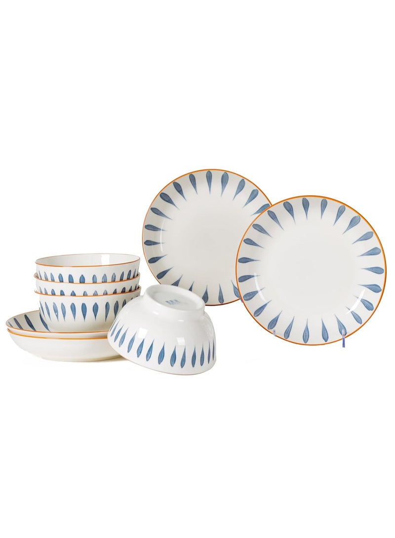 GOLD MANTIS طقم أدوات مائدة سيراميك أزرق وأبيض مكون من 8 قطع - يتضمن 4 أطباق بحجم 8.1 بوصة، 4 سلطانيات بحجم 5.7 بوصة | آمن للاستخدام في الميكروويف وغسالة الصحون | أدوات مائدة عصرية لتناول الطعام الأنيق - Image 2