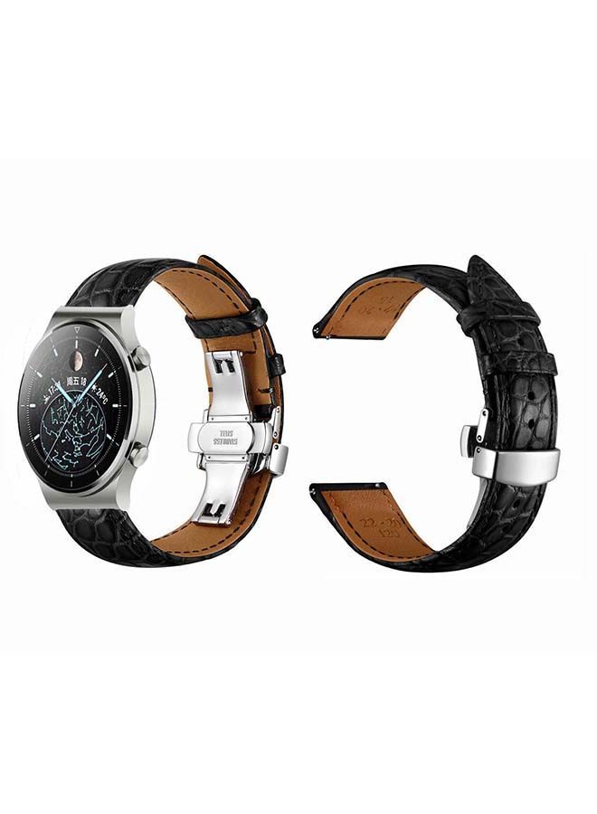 NIBEMINENT Genuine Alligator Leather Replacement Band For Huawei Watch GT2 Pro Black/Silver - Image 2