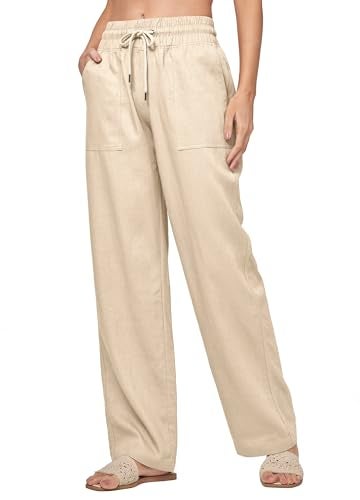 Willit Women Linen Pants Wide Leg Casual Palazzo Pants Cotton Linen Lounge Beach Summer Pants with Pockets 31" Khaki L - Image 2