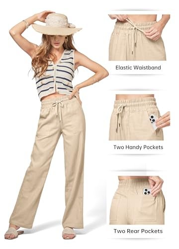 Willit Women Linen Pants Wide Leg Casual Palazzo Pants Cotton Linen Lounge Beach Summer Pants with Pockets 31" Khaki L - Image 5