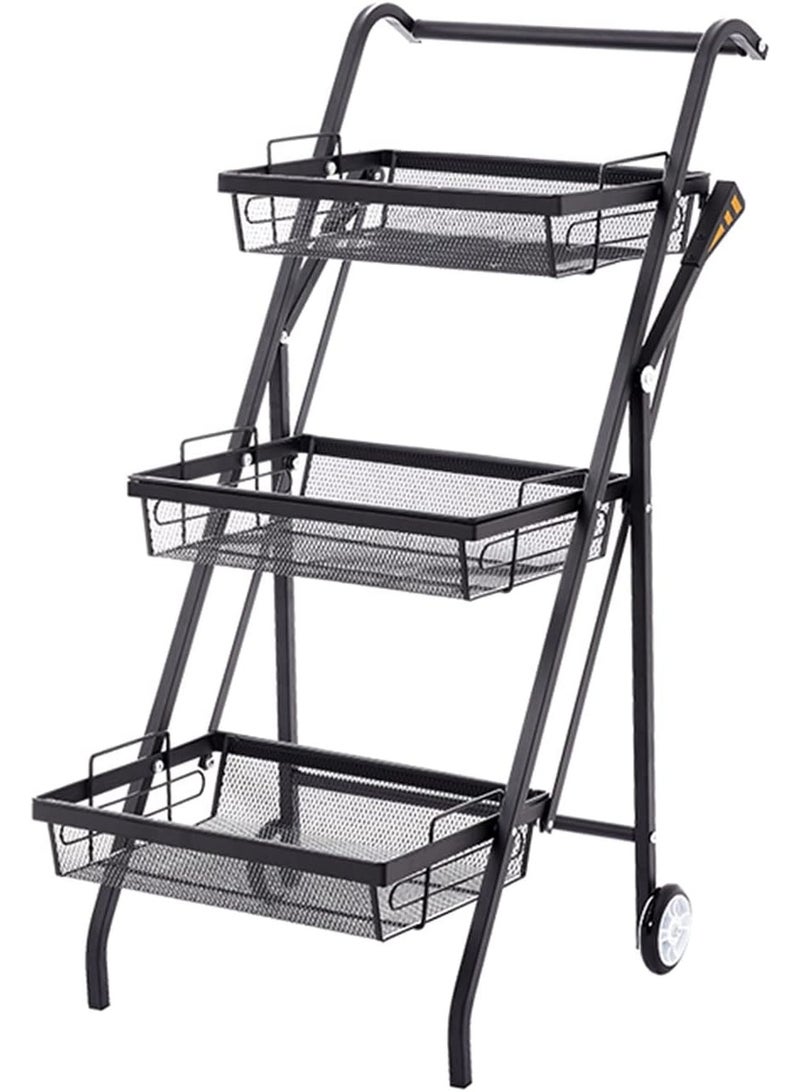 MOSH 3-Tier Black Rolling Storage Cart with Wheels – Heavy-Duty Metal Organizer Rack for Kitchen, Bathroom & Laundry, Foldable Narrow Space Trolley with Removable Drain Baskets - Image 1