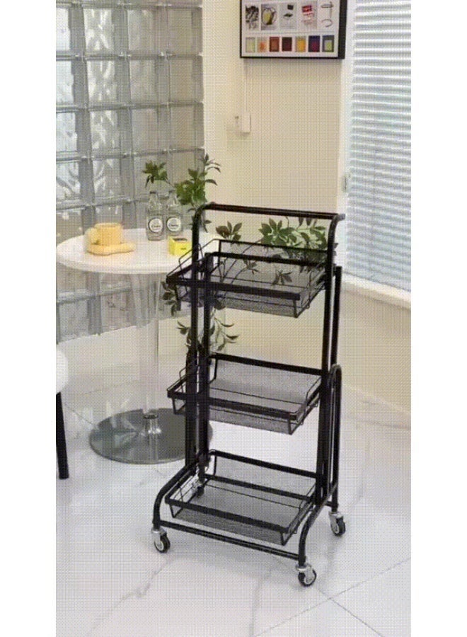 MOSH 3-Tier Black Rolling Storage Cart with Wheels – Heavy-Duty Metal Organizer Rack for Kitchen, Bathroom & Laundry, Foldable Narrow Space Trolley with Removable Drain Baskets - Image 2