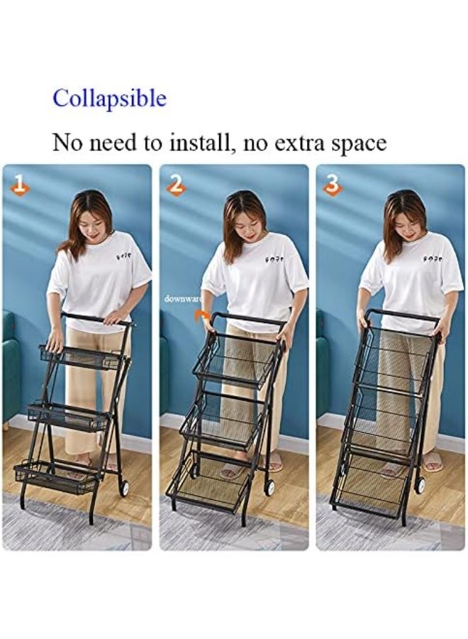 MOSH 3-Tier Black Rolling Storage Cart with Wheels – Heavy-Duty Metal Organizer Rack for Kitchen, Bathroom & Laundry, Foldable Narrow Space Trolley with Removable Drain Baskets - Image 4