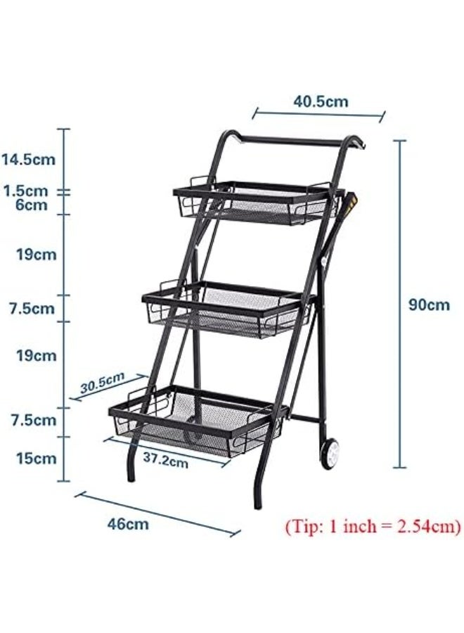 MOSH 3-Tier Black Rolling Storage Cart with Wheels – Heavy-Duty Metal Organizer Rack for Kitchen, Bathroom & Laundry, Foldable Narrow Space Trolley with Removable Drain Baskets - Image 3