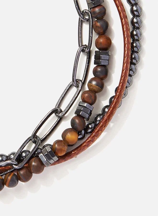 CHRYSOSTOMOS Handmade Multiline Adjustable Bracelet for Men with Matte Stones Eye of the Tiger and Black Glass Evil Eye