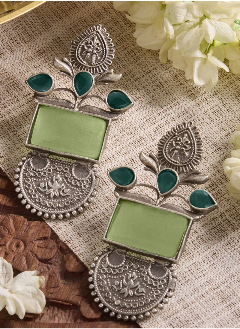 برياسي Plated Green Onyx Stone Studded Oxidized Chandbali