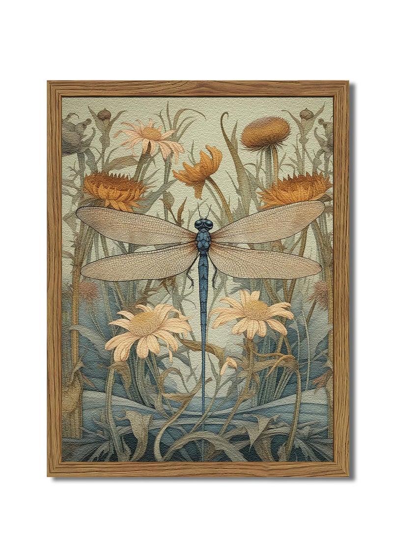 Hwetui Framed Vintage 3D Textured Wall Art Green Dragonfly Flowers Wall Decor Hand Drawn Sandstone Nature Botanical Pictures for Living Room Bedroom 12x16 inch - Image 1