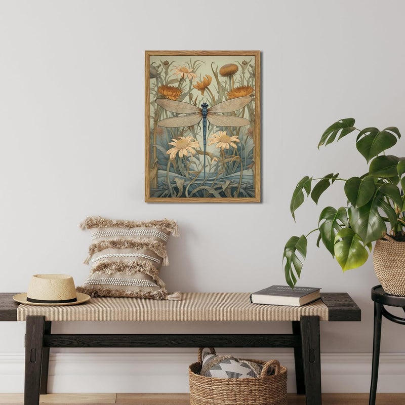 Hwetui Framed Vintage 3D Textured Wall Art Green Dragonfly Flowers Wall Decor Hand Drawn Sandstone Nature Botanical Pictures for Living Room Bedroom 12x16 inch - Image 2