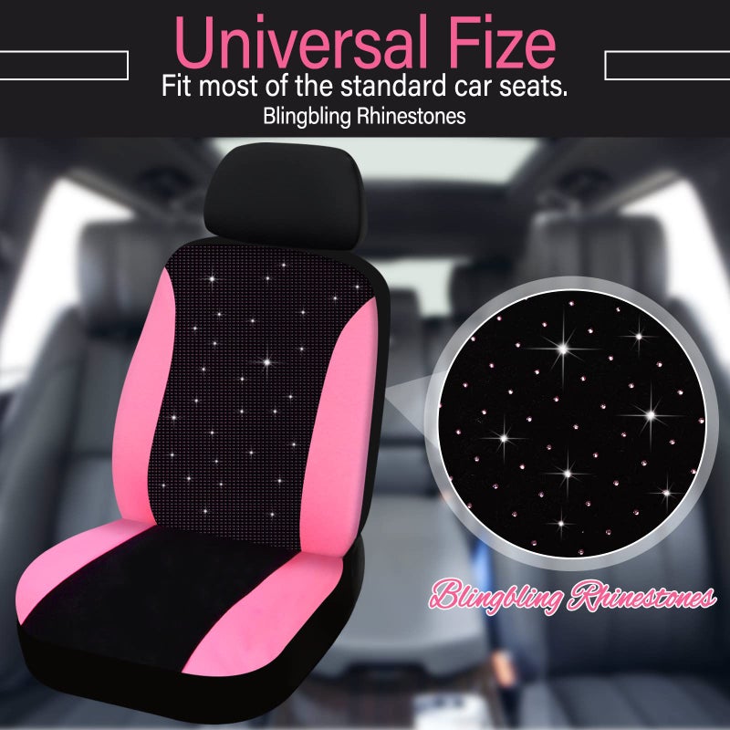 Hanaive Car Seat Cover Full Set Bling Women Velvet Auto Interior Covers Breathable Black Mesh Vehicle Seat Protector Universal Fit for Most of Sedan SUV Truck Minivan Airbag Compatible(Pink) - Image 5
