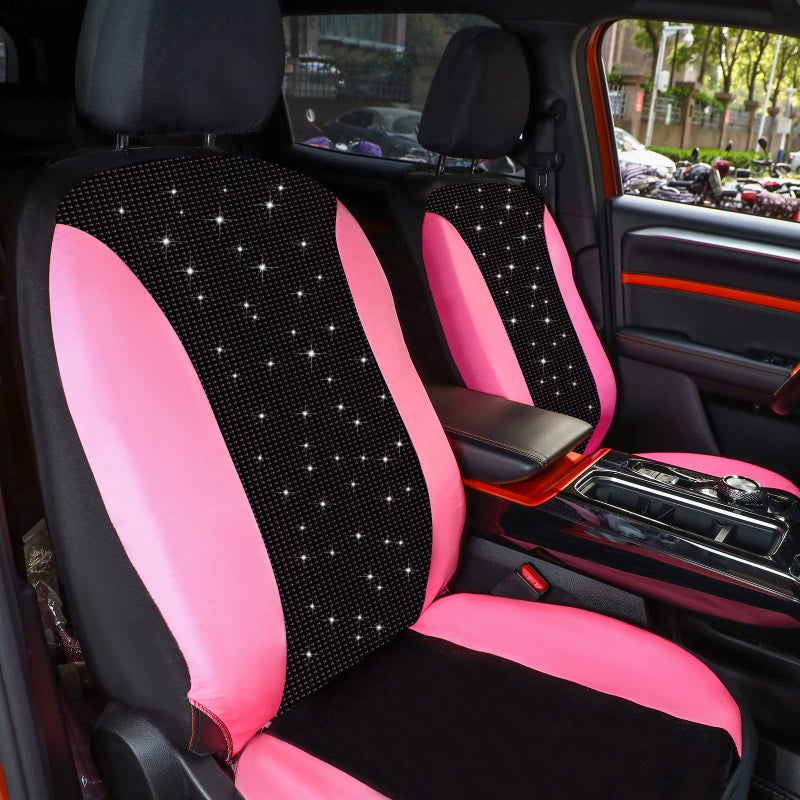 Hanaive Car Seat Cover Full Set Bling Women Velvet Auto Interior Covers Breathable Black Mesh Vehicle Seat Protector Universal Fit for Most of Sedan SUV Truck Minivan Airbag Compatible(Pink) - Image 3