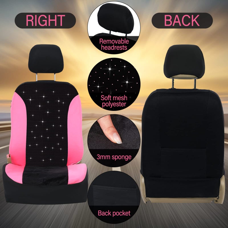 Hanaive Car Seat Cover Full Set Bling Women Velvet Auto Interior Covers Breathable Black Mesh Vehicle Seat Protector Universal Fit for Most of Sedan SUV Truck Minivan Airbag Compatible(Pink) - Image 4