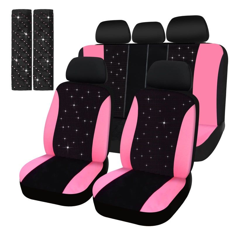 Hanaive Car Seat Cover Full Set Bling Women Velvet Auto Interior Covers Breathable Black Mesh Vehicle Seat Protector Universal Fit for Most of Sedan SUV Truck Minivan Airbag Compatible(Pink) - Image 1
