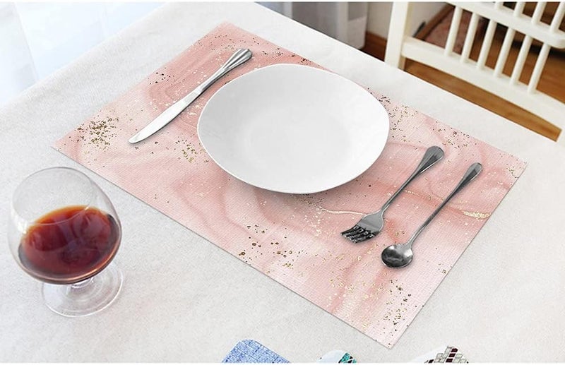 EKOBLA Aesthetic Marble Placemat NonSlip Cotton Linen Washable Place Mats Pink Gold Glitter Splatter for Dining Table Kitchen Heat Resistant Table Mats Set of 4 - Image 2