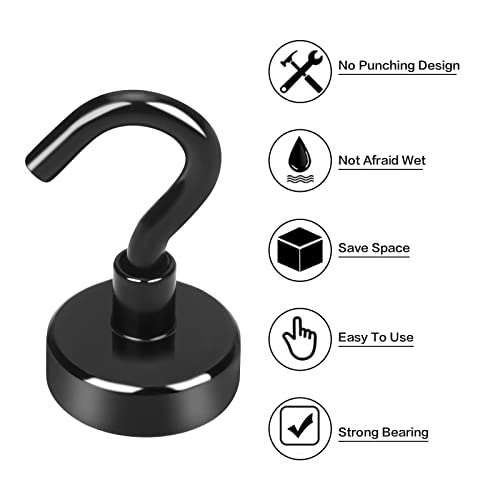 E BAVITE Black Magnetic Hooks, 30LB Strong Neodymium Magnet Hook for Cruise, Grill, Towel, Indoor Hanging, Kitchen, Workplace, Office and Garage - 6 Pack - Image 4