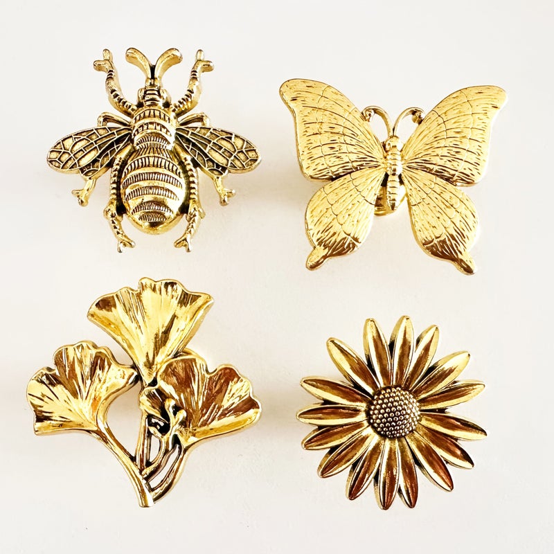 A Set Of 4 Golden Zinc Alloy Bee Butterfly Chrysanthemum Lily Drawer Pulls For Spring Summer Decor - Image 1
