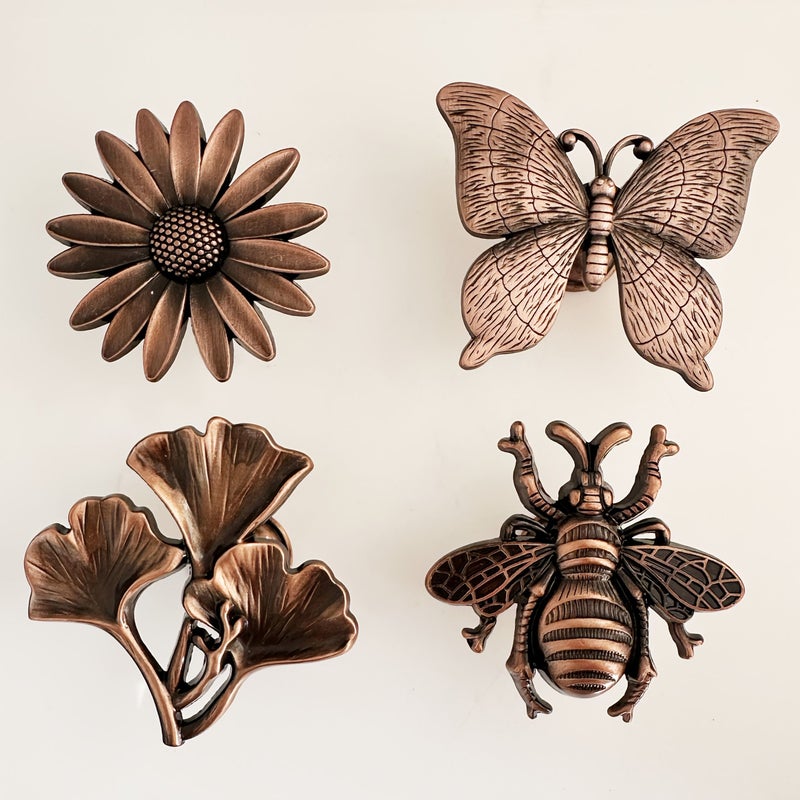 A Set Of 4 Golden Zinc Alloy Bee Butterfly Chrysanthemum Lily Drawer Pulls For Spring Summer Decor - Image 2