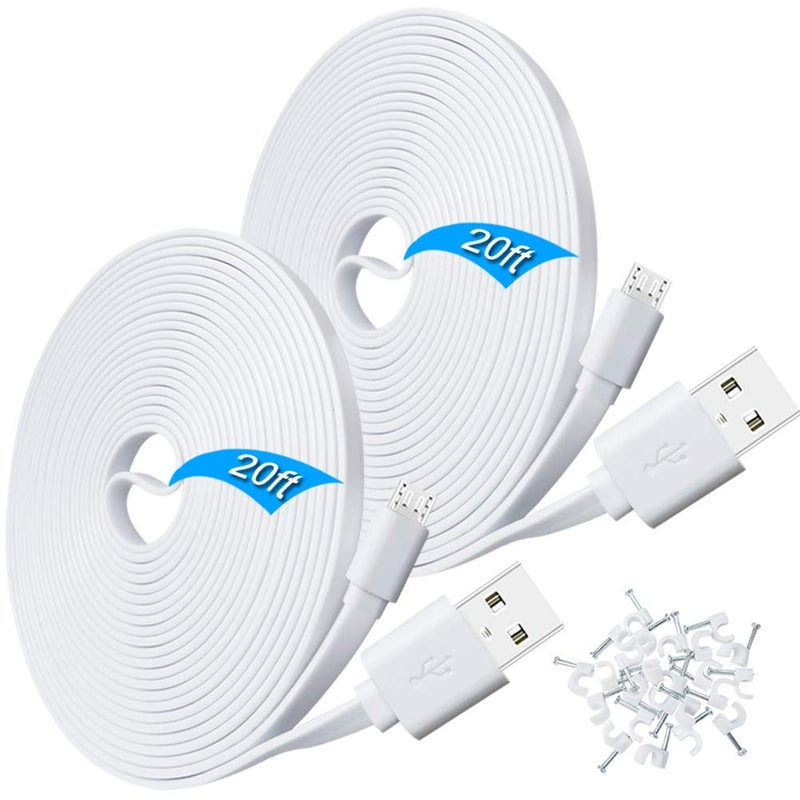 SCOVEE USB Power extension Cable for Wyze Cam,WyzeCam Pan,YI Home Camera,Nest-Cam Indoor,Oculus Go,Netvue,KasaCam,Furbo Dog,Blink,Flat USB to Micro USB Charging Cord for Wyze-Cam v3 v2 (White, 20ft) - Image 1