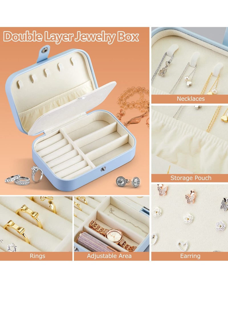 MIXDE Jewelry Box, Portable Leather Travel Jewelry Organizer Case Small Jewelry Box Storage With Four Transparent bag Jewelry Containers Gift For Girls, Blue  - Image 2