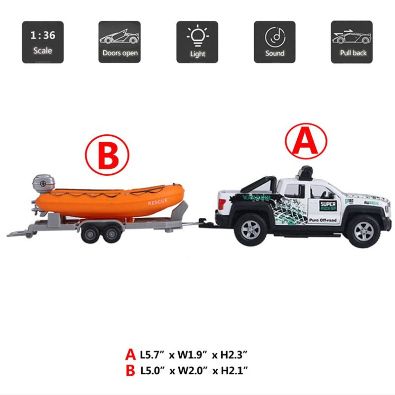 Metanyl Pickup Truck Trailer Towing Speed Boat 2 in 1 Playset Diecast Model Car Metal Pull Back Toy Cars 136 SUV Vehicle Outdoor Sandbox Adventure Play Set Doors Open Light Sound Boys Toys Kids Gifts - Image 3