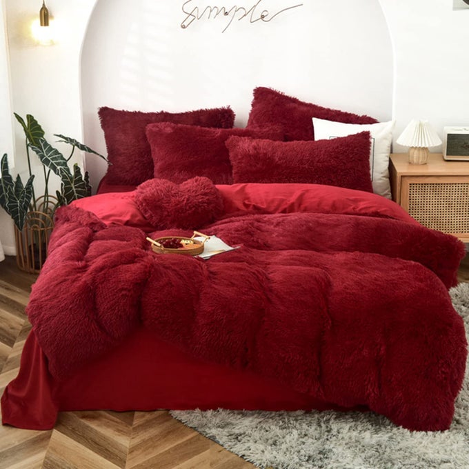 5 PCS SHAGGY DUVET COVER BEDDING SET FLUFFY COMFORTER COVER LONG FAUX FUR LUXURY ULTRA SOFT COZY DARK RED KINGCALIFORNIA KING