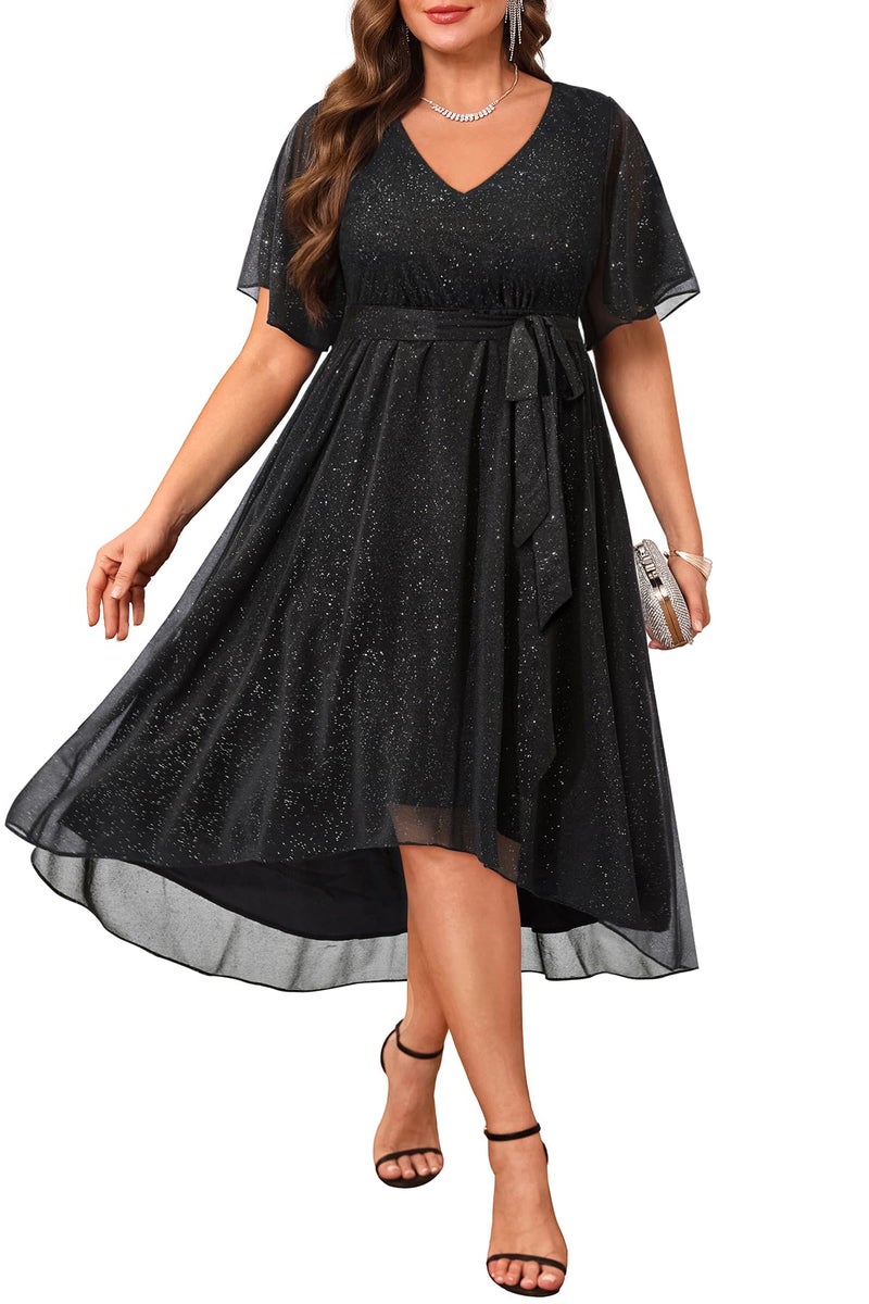 Talisea Plus Size Cocktail Dress Black Glitter Wedding Guest Formal Chiffon Short Sleeve High Low Semi Formal Dress Curvy Women - Image 1