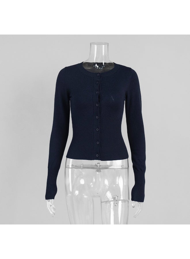 NIBEMINENT Classic O-neck Long Sleeved Knitted Shirt Autumn and Winter Women Elegant Solid Slim Fit Single Breasted  Cardigan Sweater - Image 1