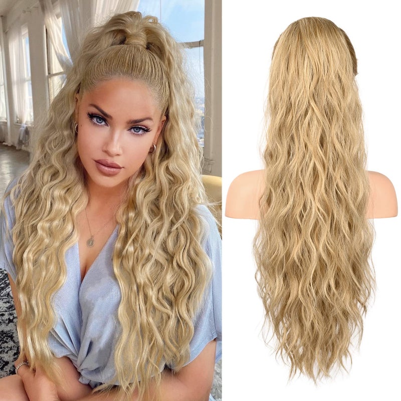 FLUFYMOOZ Ponytail Extension 26 Inch Drawstring Ponytail Hair Extensions for Women Long Curly Wavy Ponytail Natural Synthetic Hairpiece for Women 26 Golden Blonde with Highlights