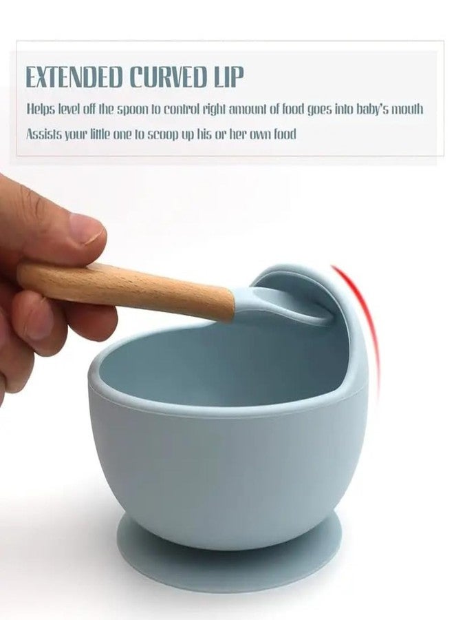YOMITH Silicone Baby Food Dish and Bowl with Wooden Handle Spoon, Flexible Food-Grade Silicone, Super Suction Base, Non-Slip, Kids Training Feeding Tableware (Blue 3 PCS Set) - Image 5