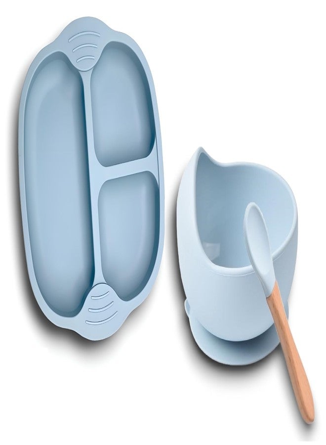 YOMITH Silicone Baby Food Dish and Bowl with Wooden Handle Spoon, Flexible Food-Grade Silicone, Super Suction Base, Non-Slip, Kids Training Feeding Tableware (Blue 3 PCS Set) - Image 1