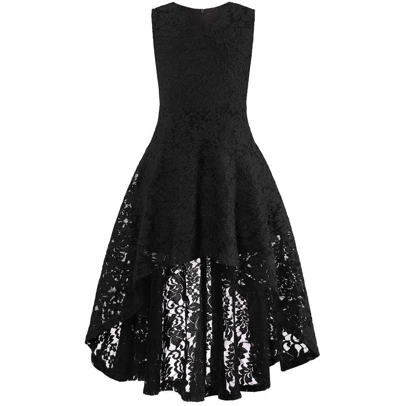 Viriber Girls Floral Lace Dress Easter Bridesmaid Vintage Formal Cocktail Party Swallowtail Swing Dresses 7-14 Years(Black Lace,11-12T) - Image 1