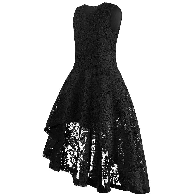 Viriber Girls Floral Lace Dress Easter Bridesmaid Vintage Formal Cocktail Party Swallowtail Swing Dresses 7-14 Years(Black Lace,11-12T) - Image 2