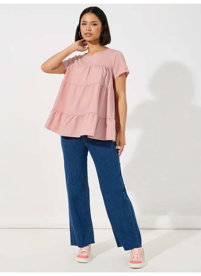 Aria Romance ARIA ROMANCE Solid Round Neck Tiered Detail Top