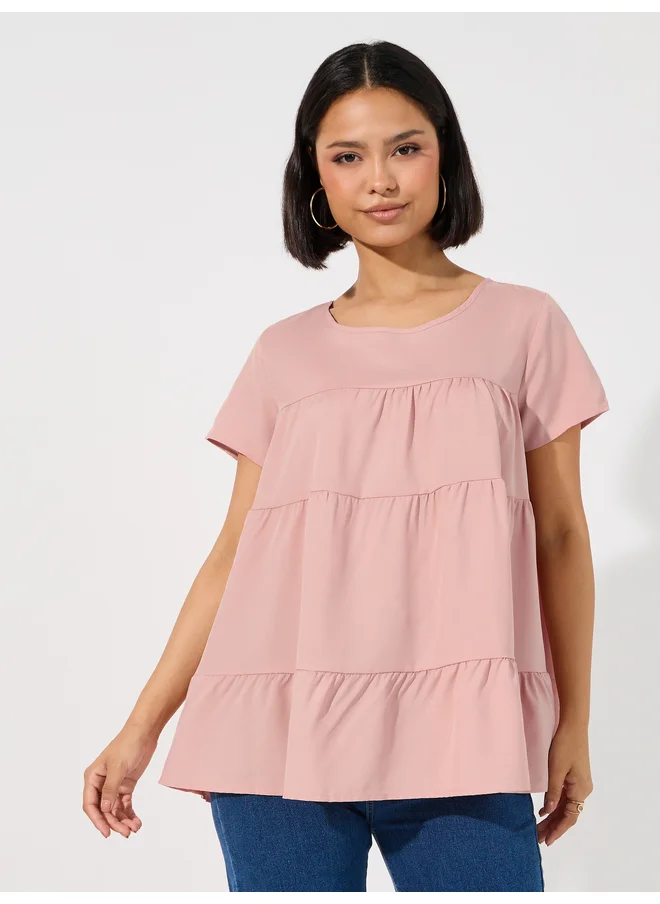 Aria Romance ARIA ROMANCE Solid Round Neck Tiered Detail Top