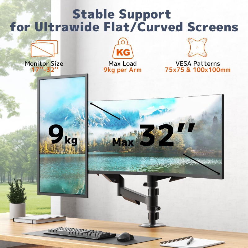PUTORSEN Dual Monitor Stand for 17-32 Inch Screens,Holds up to 19.8lbs, Full Motion Adjustable Tilt Swivel Rotation, Space-Saving Desk Mount with C-Clamp & Grommet, VESA 75/100mm - Image 2