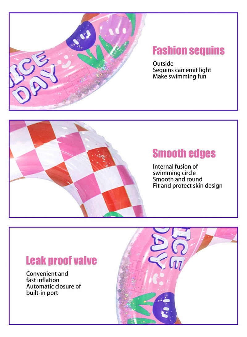 70# Inflatable Swim Ring, Pink Checkered Swimming Float with Sequins, Cute Tulip Print Pool Float for Kids & Adults - Image 4