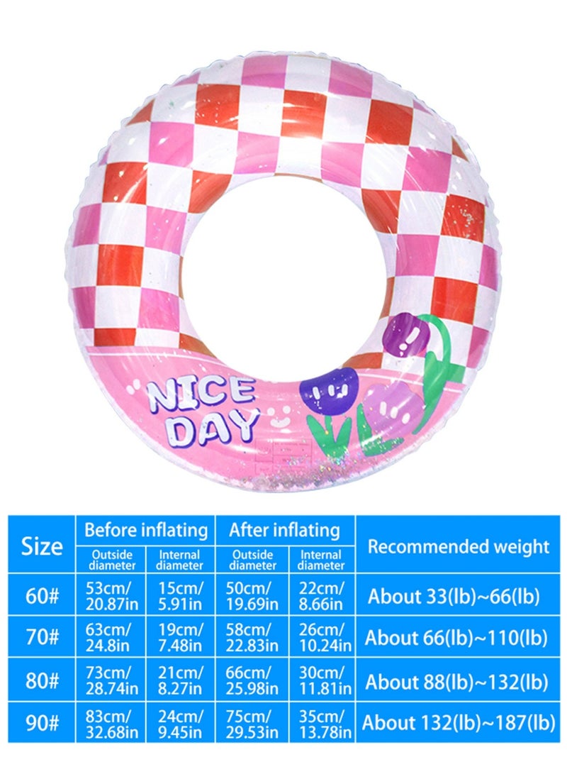 70# Inflatable Swim Ring, Pink Checkered Swimming Float with Sequins, Cute Tulip Print Pool Float for Kids & Adults - Image 3