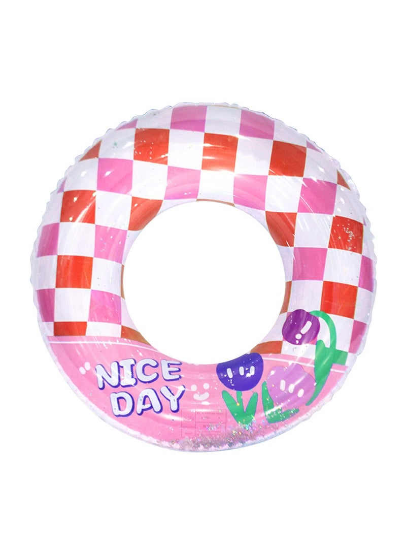 70# Inflatable Swim Ring, Pink Checkered Swimming Float with Sequins, Cute Tulip Print Pool Float for Kids & Adults - Image 2